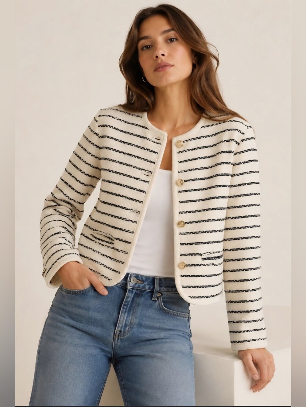 NWT Abercrombie and Fitch Striped Tweed Cardigan Jacket Preppy Braided Hem Med